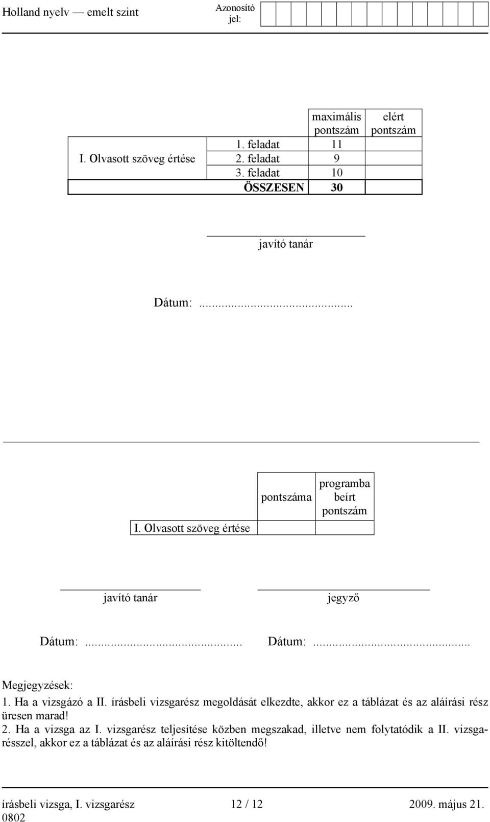 írásbeli vizsgarész megoldását elkezdte, akkor ez a táblázat és az aláírási rész üresen marad! 2. Ha a vizsga az I.