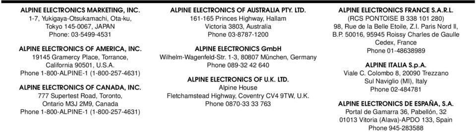 777 Supertest Road, Toronto, Ontario M3J 2M9, Canada Phone 1-800-ALPINE-1 (1-800-257-4631) ALPINE ELECTRONICS OF AUSTRALIA PTY. LTD.