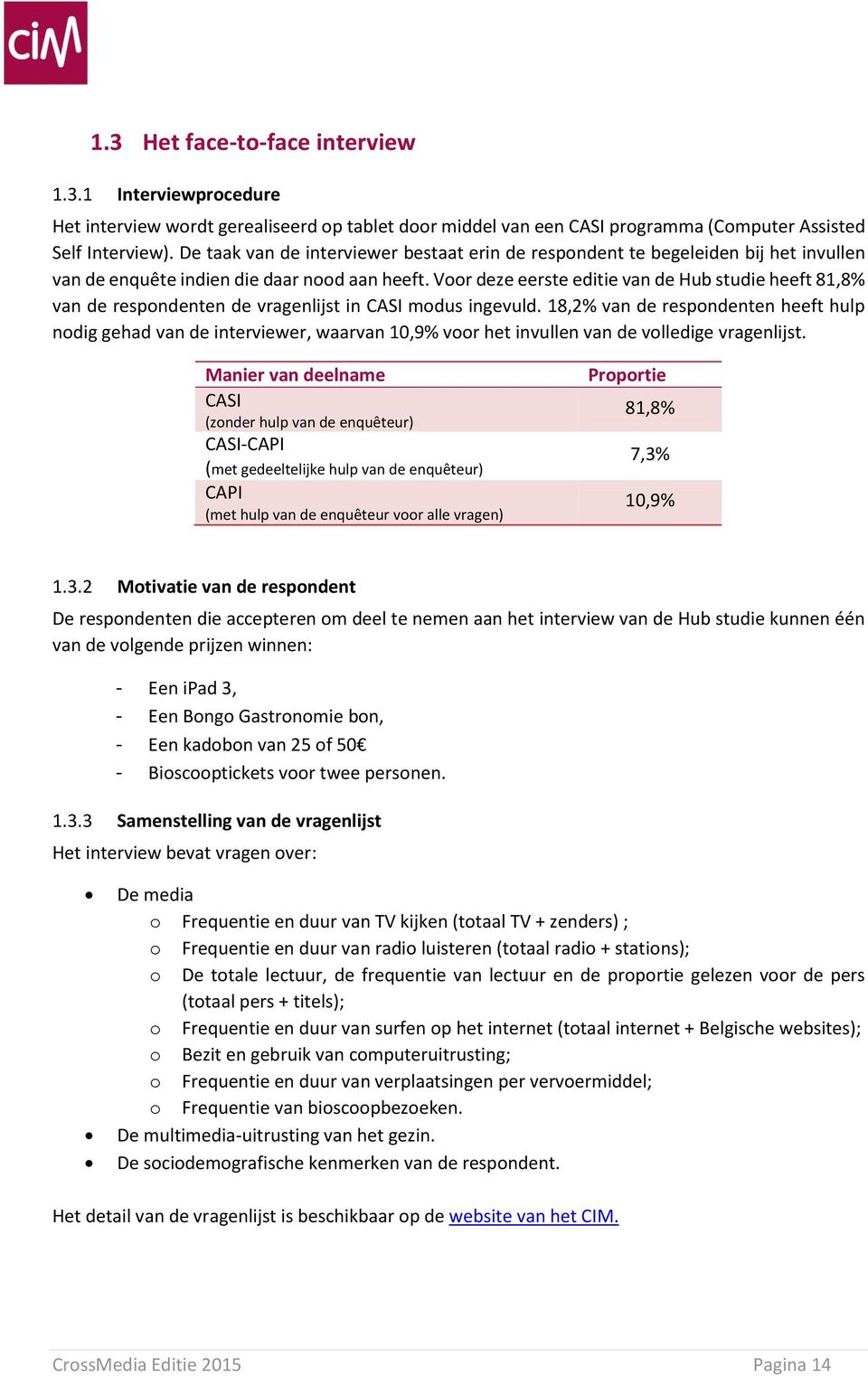 Voor deze eerste editie van de Hub studie heeft 81,8% van de respondenten de vragenlijst in CASI modus ingevuld.