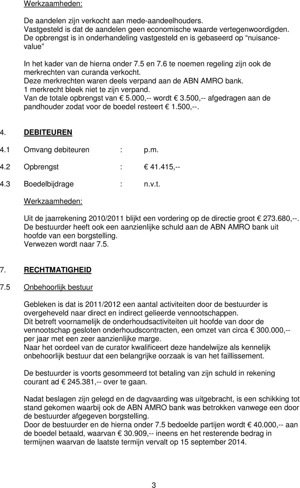 Deze merkrechten waren deels verpand aan de ABN AMRO bank. 1 merkrecht bleek niet te zijn verpand. Van de totale opbrengst van 5.000, wordt 3.