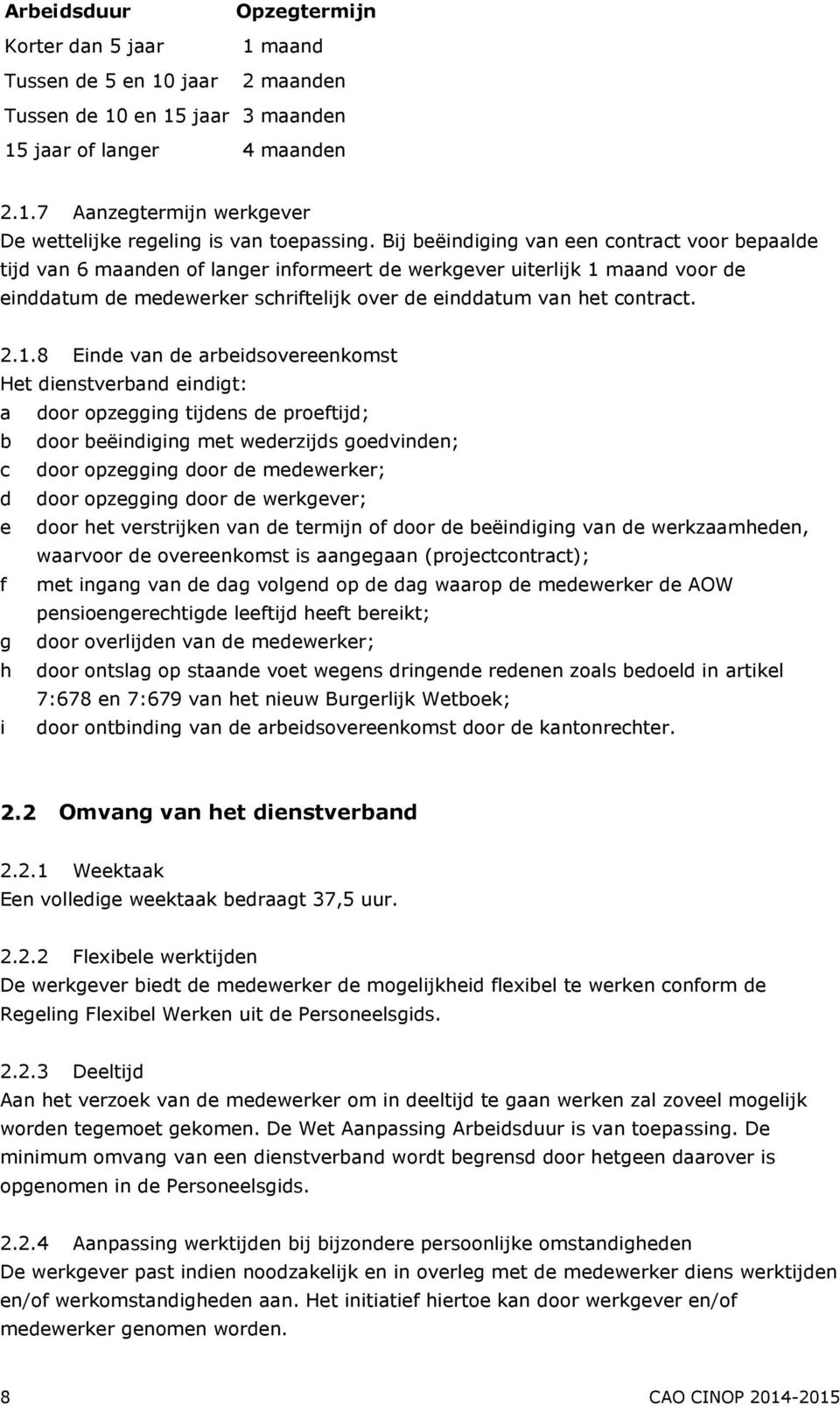 2.1.8 Einde van de arbeidsovereenkomst Het dienstverband eindigt: a door opzegging tijdens de proeftijd; b door beëindiging met wederzijds goedvinden; c door opzegging door de medewerker; d door