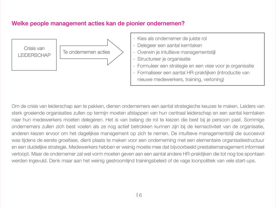 strategie en een visie voor je organisatie - Formaliseer een aantal HR-praktijken (introductie van nieuwe medewerkers, training, verloning) Om de crisis van leiderschap aan te pakken, dienen