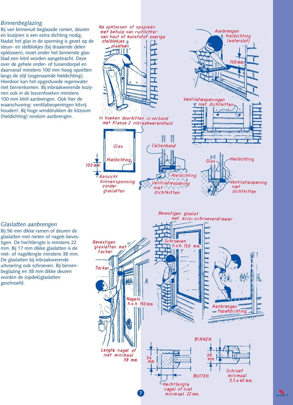 Deze over de gehele onder- of tussendorpel en daarvanaf minstens 100 mm hoog opzetten langs de stijl (zogenaamde hieldichting). Hierdoor kan het opgestuwde regenwater niet binnenkomen.