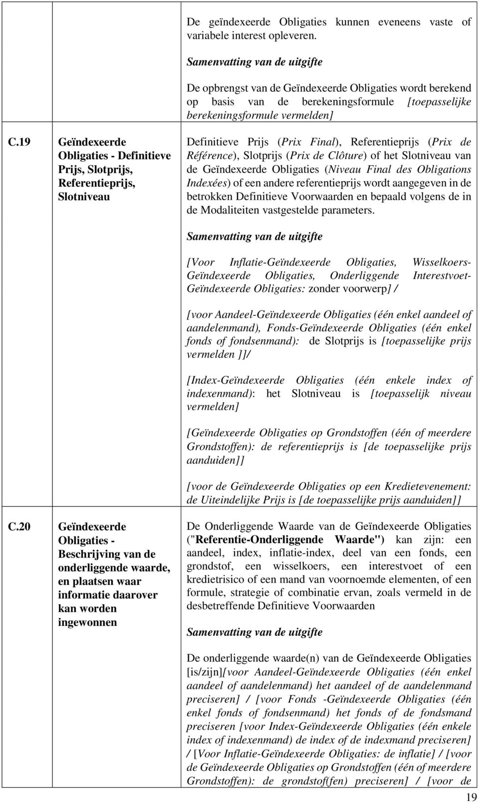 19 Geïndexeerde Obligaties - Definitieve Prijs, Slotprijs, Referentieprijs, Slotniveau Definitieve Prijs (Prix Final), Referentieprijs (Prix de Référence), Slotprijs (Prix de Clôture) of het