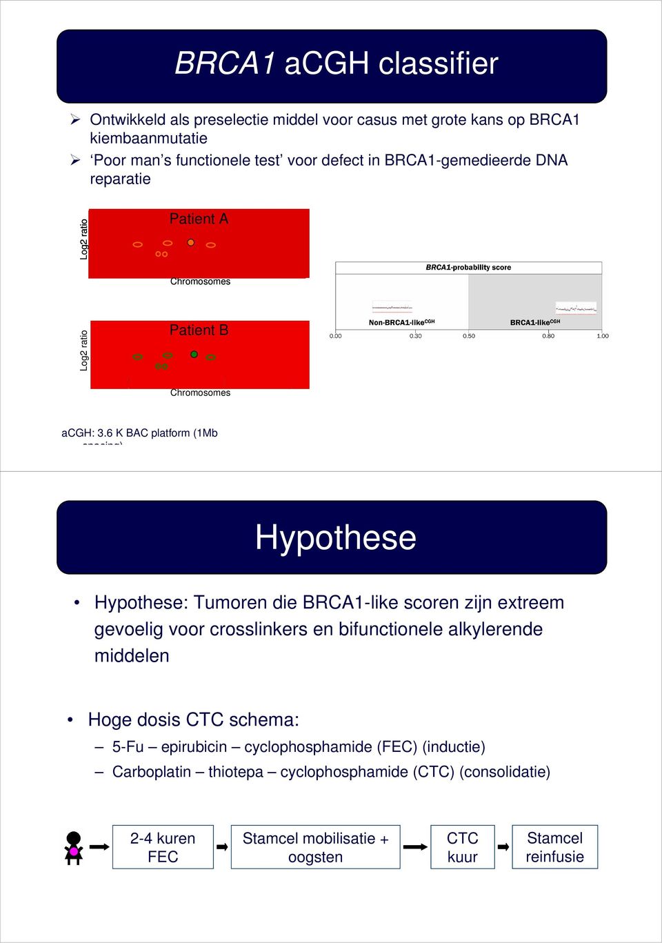 6 K BAC platform (1Mb spacing) Hypothese Hypothese: Tumoren die BRCA1-like scoren zijn extreem gevoelig voor crosslinkers en bifunctionele alkylerende