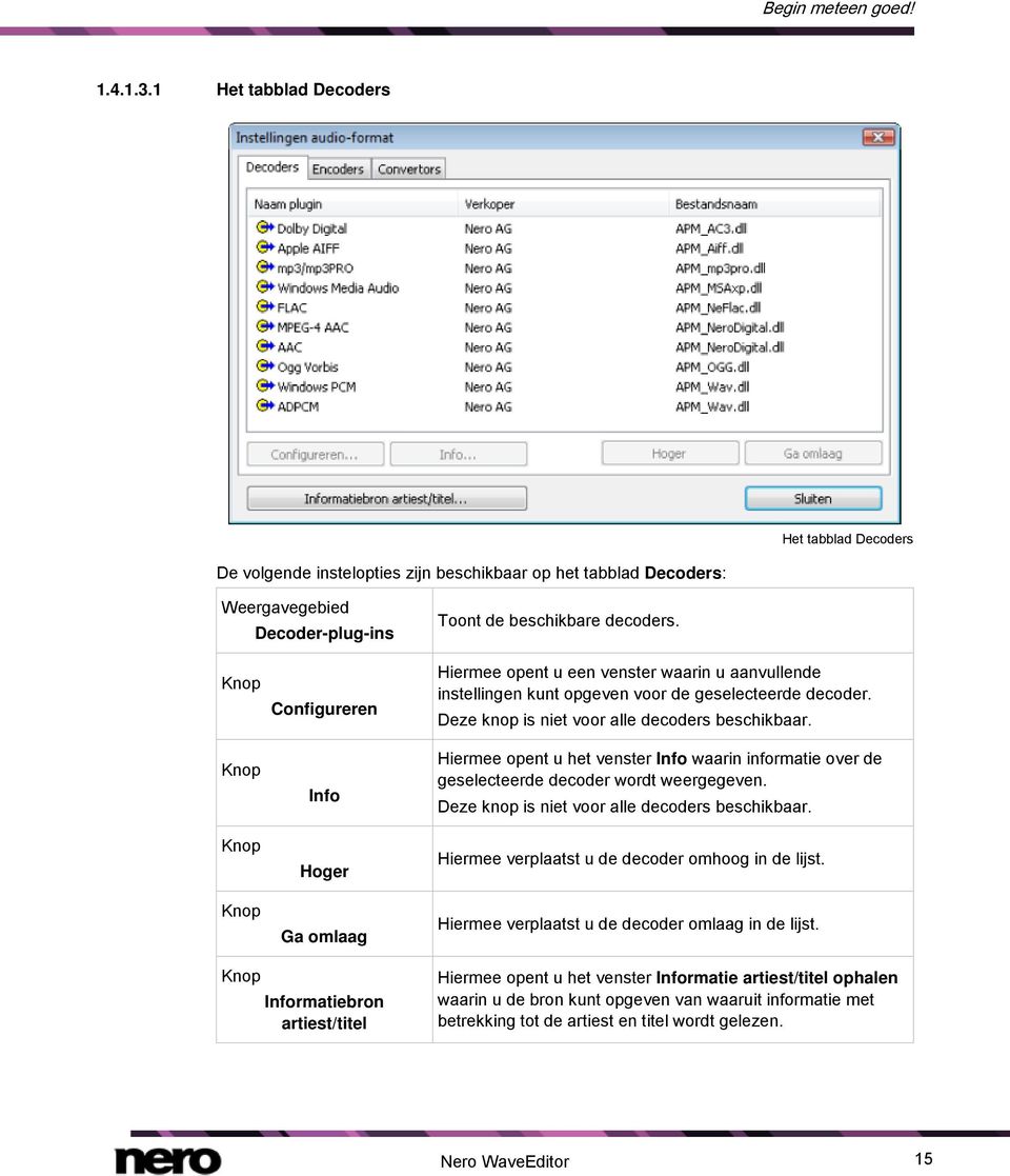 Hiermee opent u het venster Info waarin informatie over de geselecteerde decoder wordt weergegeven. Deze knop is niet voor alle decoders beschikbaar.