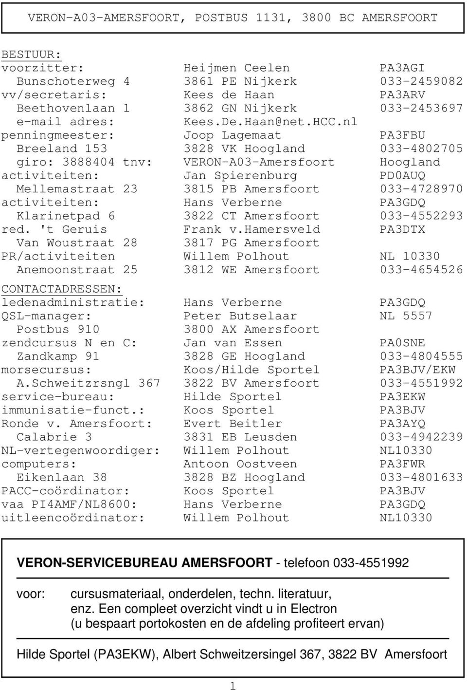 nl penningmeester: Joop Lagemaat PA3FBU Breeland 153 3828 VK Hoogland 033-4802705 giro: 3888404 tnv: VERON-A03-Amersfoort Hoogland activiteiten: Jan Spierenburg PD0AUQ Mellemastraat 23 3815 PB