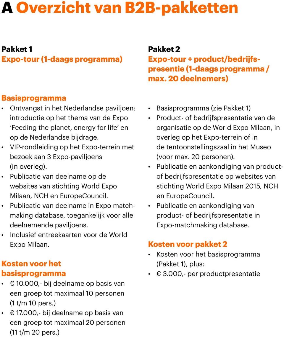 Publicatie van deelname op de websites van stichting World Expo Milaan, NCH en EuropeCouncil. Publicatie van deelname in Expo matchmaking database, toegankelijk voor alle deelnemende paviljoens.