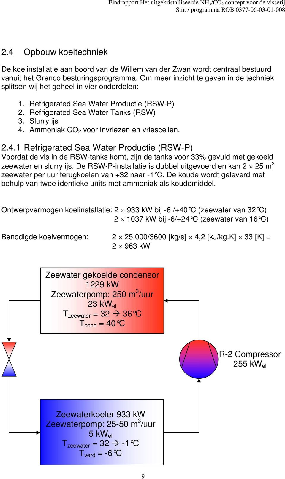 Ammoniak CO 2 voor invriezen en vriescellen. 2.4.1 Refrigerated Sea Water Productie (RSW-P) Voordat de vis in de RSW-tanks komt, zijn de tanks voor 33% gevuld met gekoeld zeewater en slurry ijs.