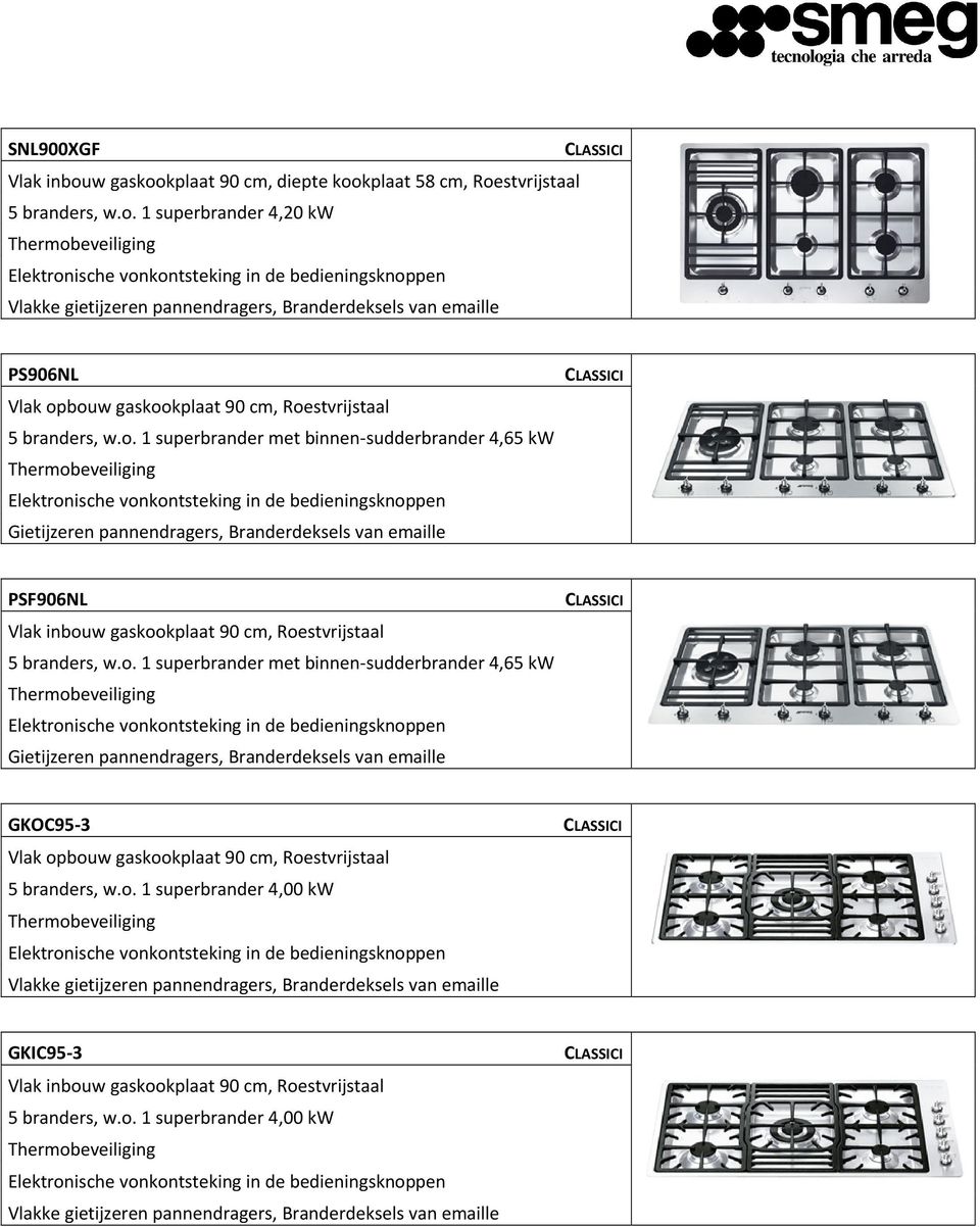 o. 1 superbrander 4,00 kw, Branderdeksels van emaille GKIC95 3 Vlak inbouw gaskookplaat 90 cm, Roestvrijstaal 5 branders, w.o. 1 superbrander 4,00 kw, Branderdeksels van emaille