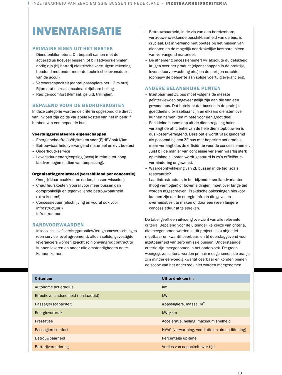 ) Vervoerscapaciteit (aantal passagiers per 12 m bus) Rijprestaties zoals maximaal rijdbare helling Reizigerscomfort (klimaat, geluid, trillingen).