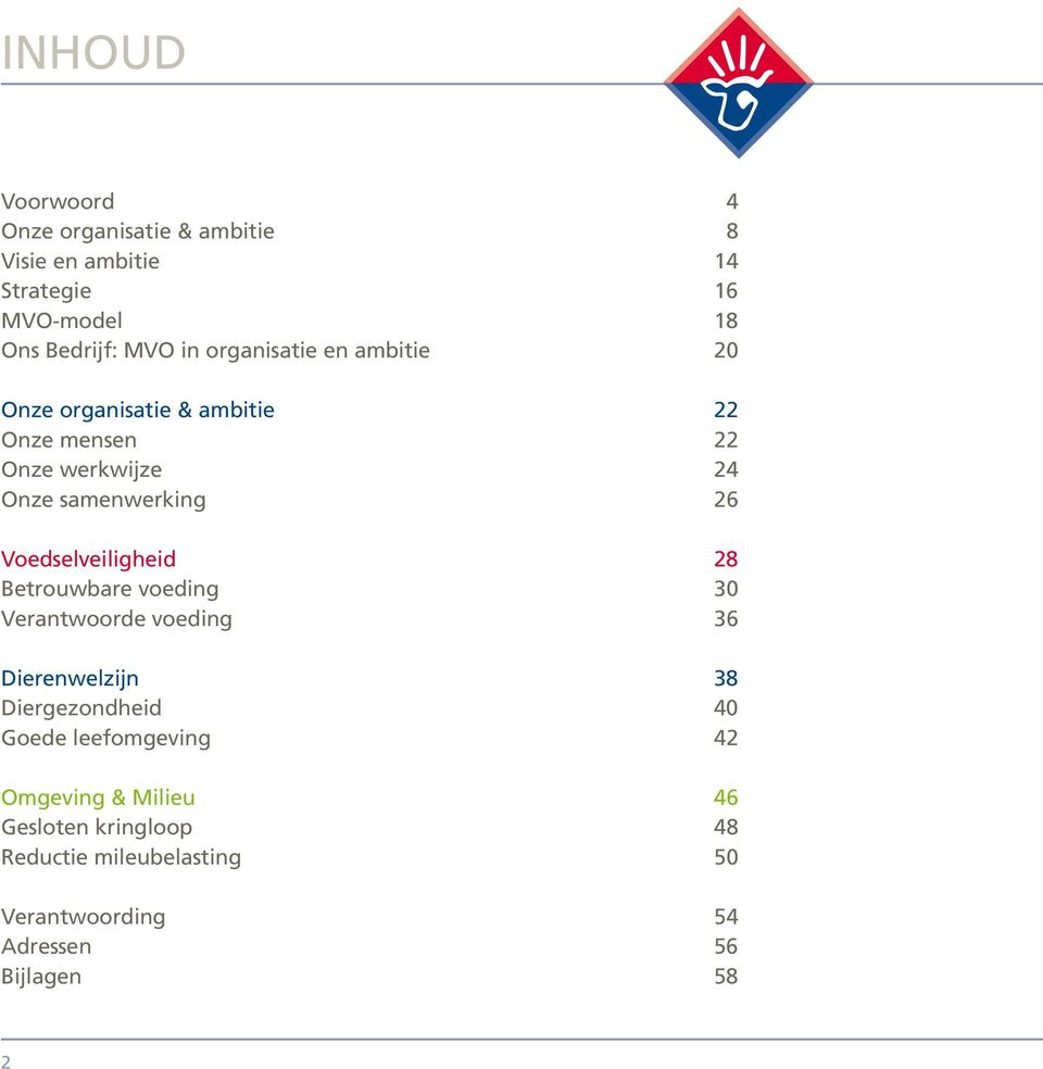 Voedselveiligheid 28 Betrouwbare voeding 30 Verantwoorde voeding 36 Dierenwelzijn 38 Diergezondheid 40 Goede