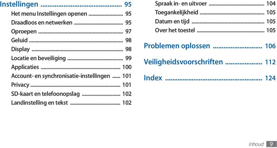 .. 101 SD-kaart en telefoonopslag... 102 Landinstelling en tekst... 102 Spraak in- en uitvoer... 104 Toegankelijkheid.