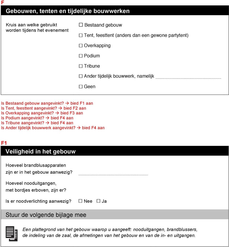 bied F4 aan Is Tribune aangevinkt? bied F4 aan Is Ander tijdelijk bouwwerk aangevinkt? bied F4 aan F1 Veiligheid in het gebouw Hoeveel brandblusapparaten zijn er in het gebouw aanwezig?