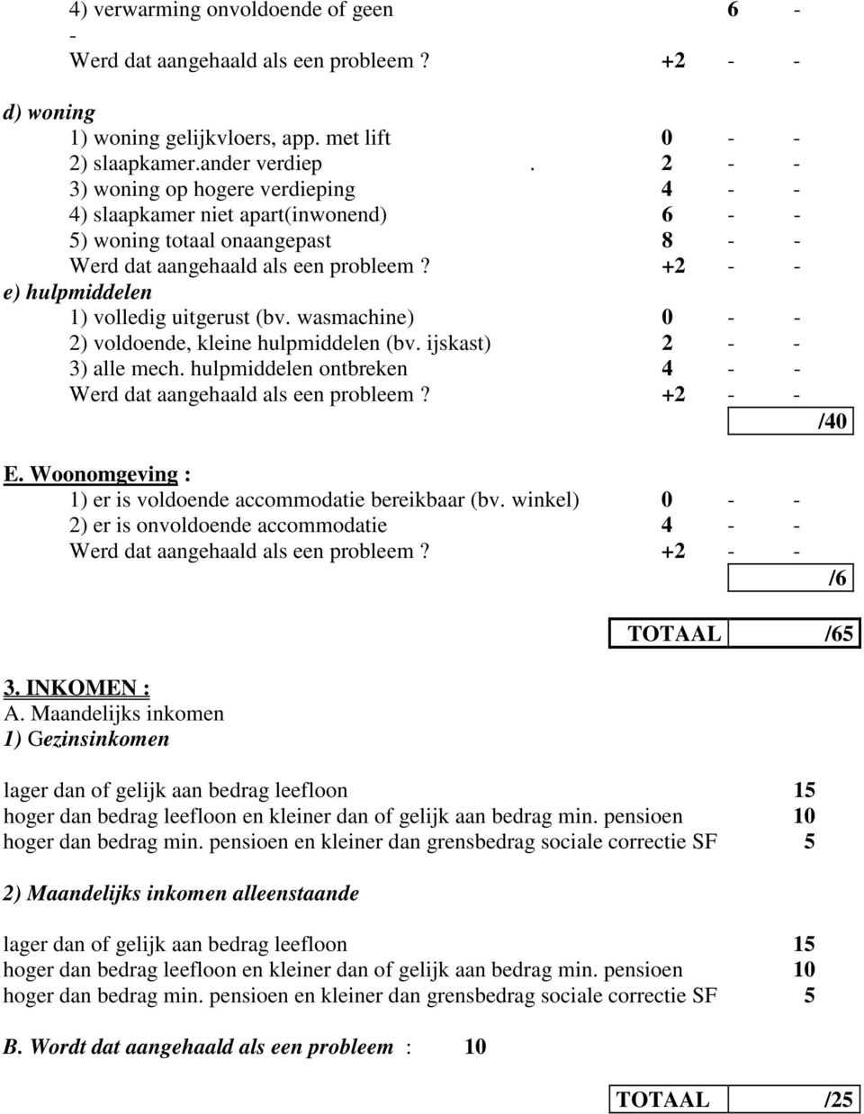 +2 - - e) hulpmiddelen 1) volledig uitgerust (bv. wasmachine) 0 - - 2) voldoende, kleine hulpmiddelen (bv. ijskast) 2 - - 3) alle mech.