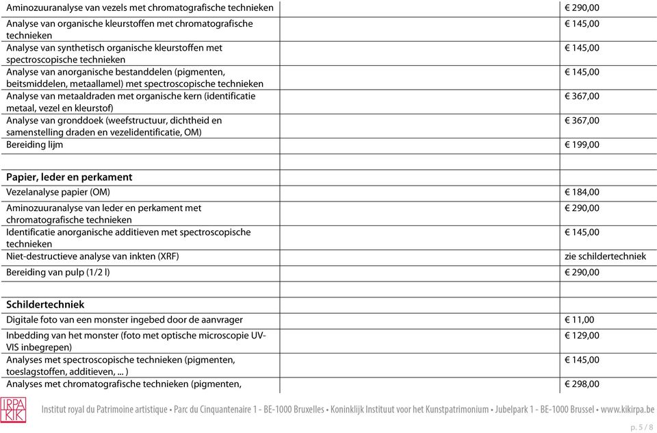 367,00 metaal, vezel en kleurstof) Analyse van gronddoek (weefstructuur, dichtheid en 367,00 samenstelling draden en vezelidentificatie, OM) Bereiding lijm 199,00 Papier, leder en perkament