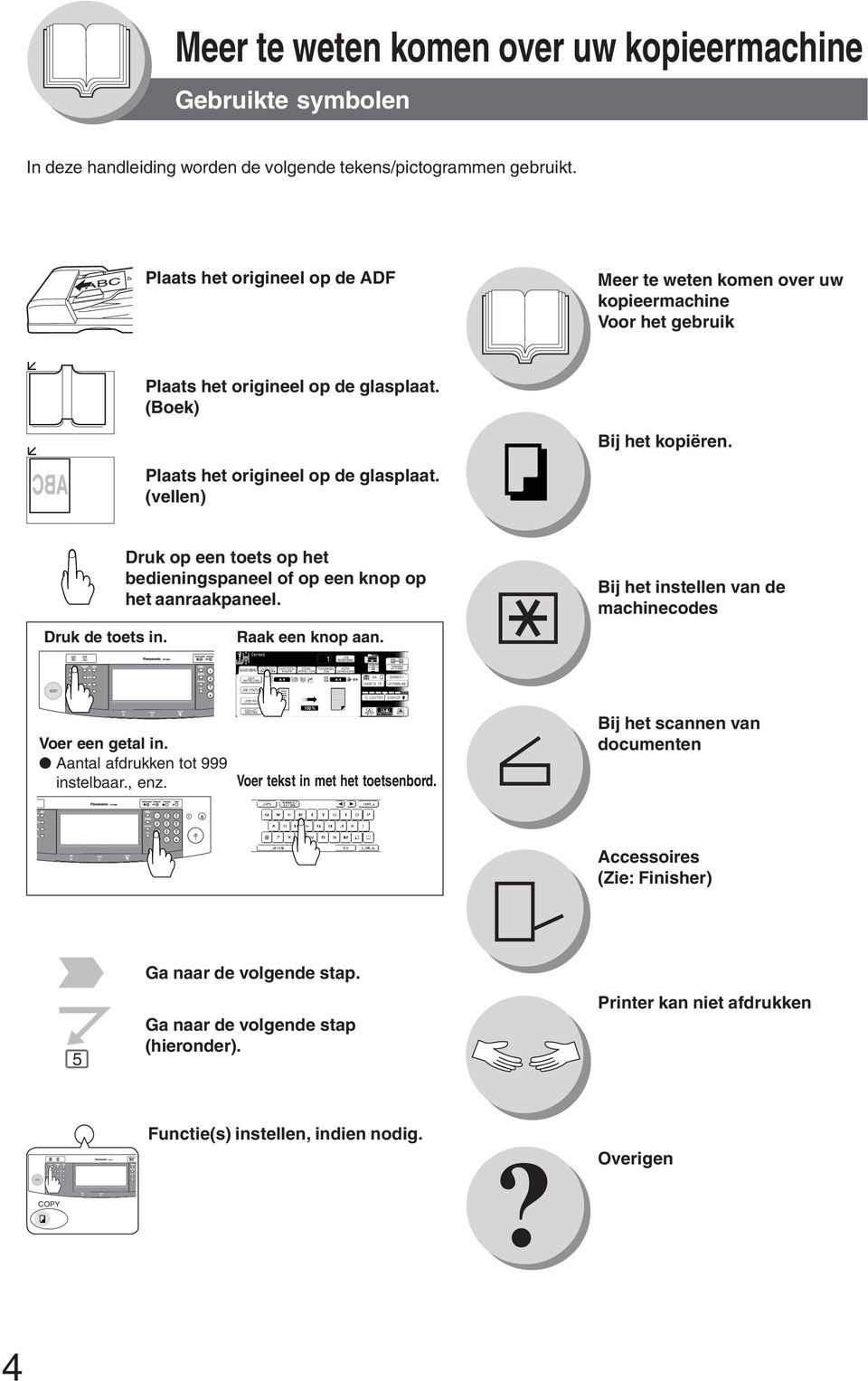 Druk op een toets op het bedieningspaneel op een knop op het aanraakpaneel. Raak een knop aan. Bij het instellen van de machinecodes Voer een getal in. Aantal afdrukken tot 999 instelbaar., enz.