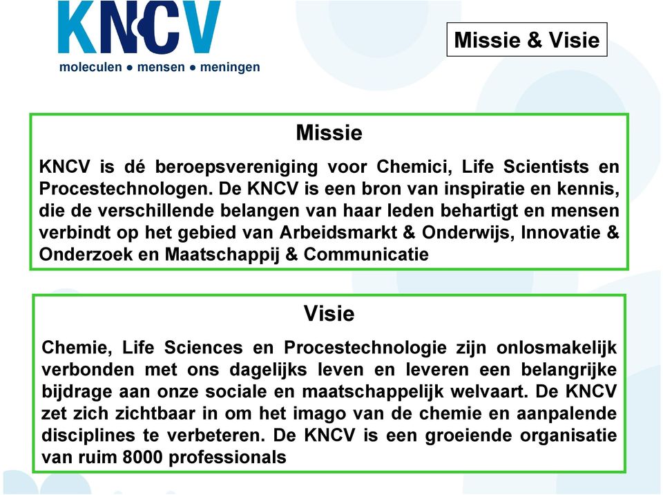 Innovatie & Onderzoek en Maatschappij & Communicatie Visie Chemie, Life Sciences en Procestechnologie zijn onlosmakelijk verbonden met ons dagelijks leven en leveren