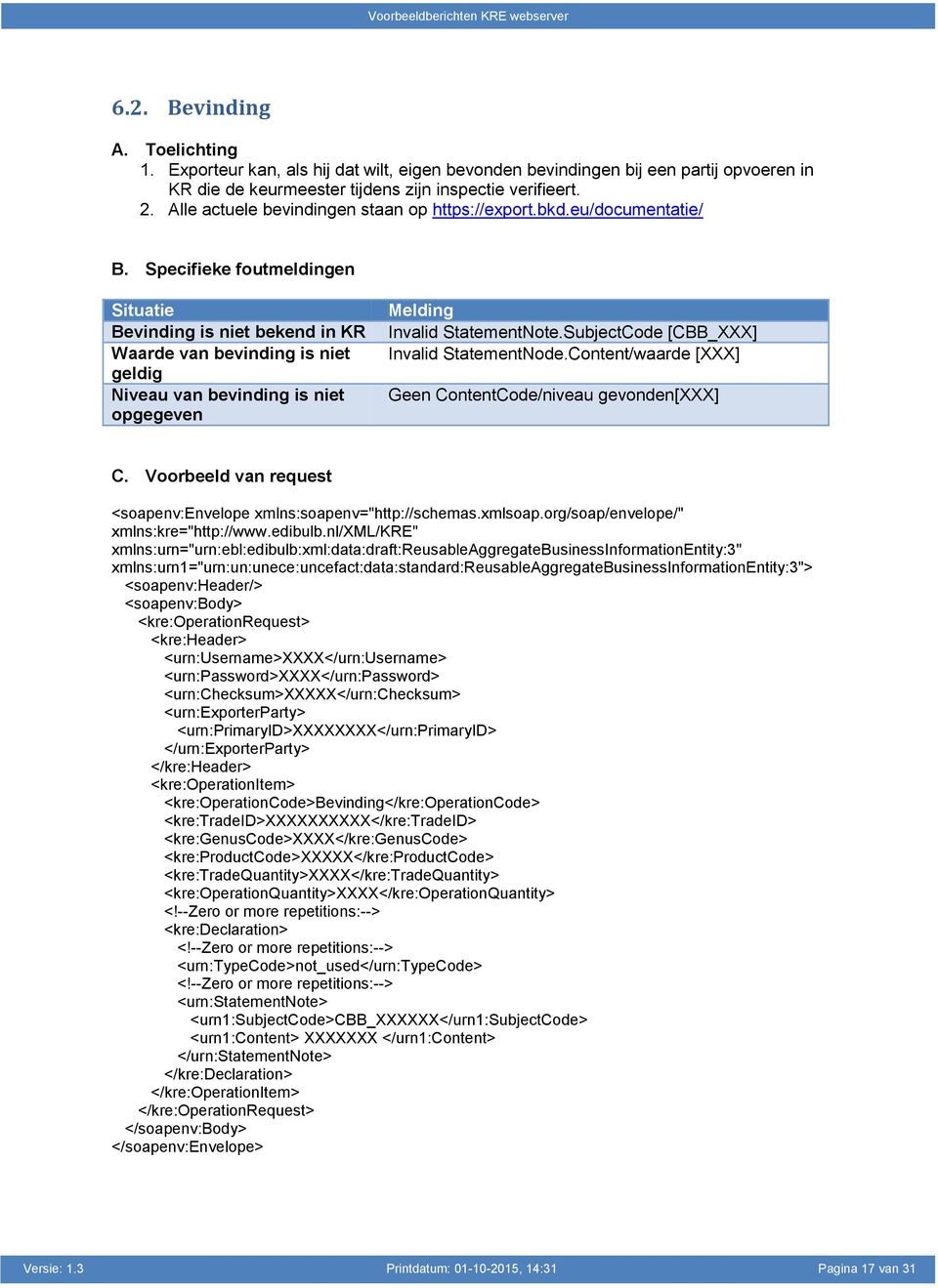 Specifieke foutmeldingen Situatie Bevinding is niet bekend in KR Waarde van bevinding is niet geldig Niveau van bevinding is niet opgegeven Melding Invalid StatementNote.