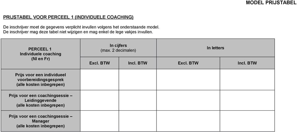 PERCEEL 1 Individuele coaching (Nl en Fr) In cijfers (max. 2 decimalen) In letters Excl. BTW Incl.