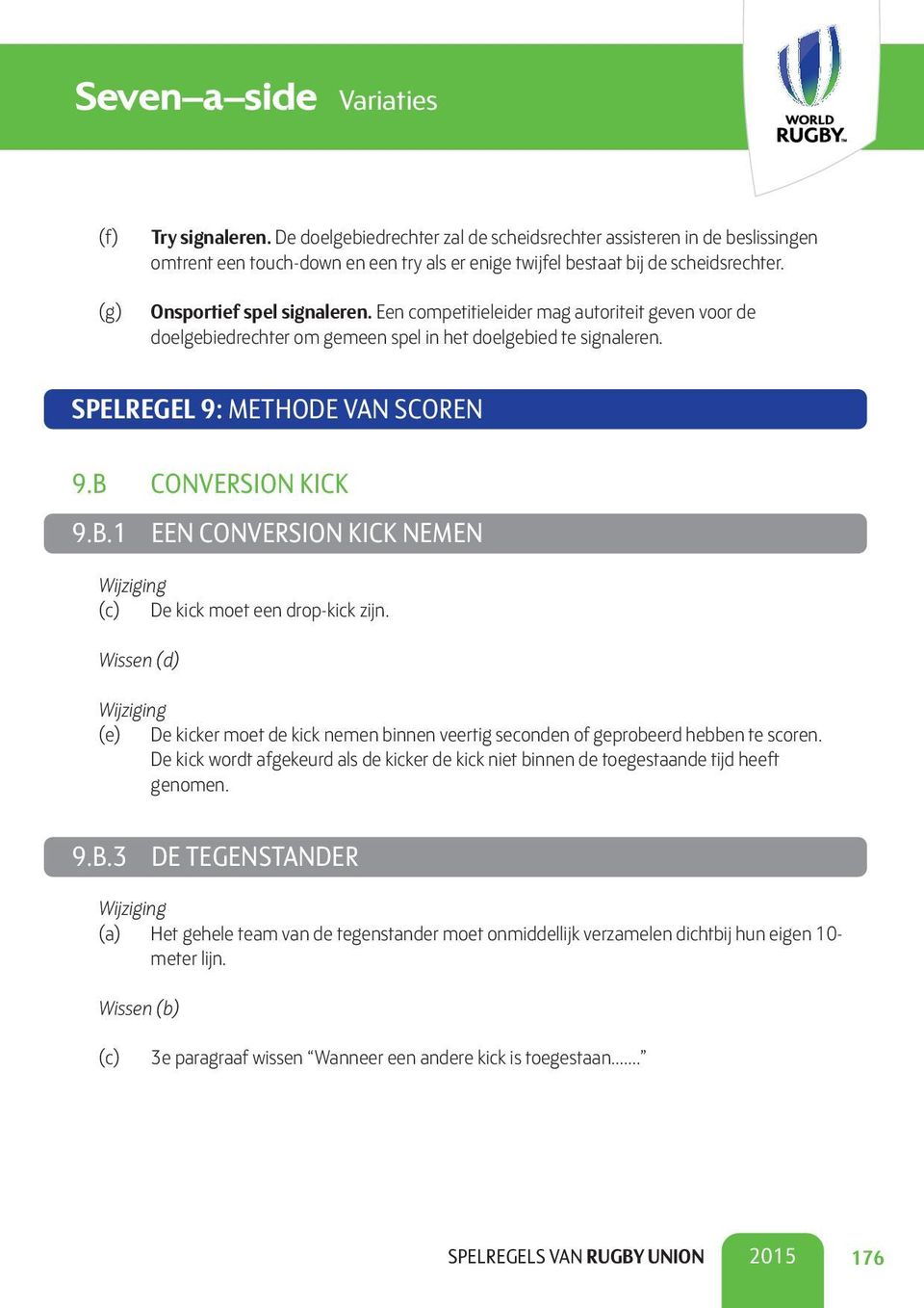 CONVERSION KICK 9.B.1 EEN CONVERSION KICK NEMEN (c) De kick moet een drop-kick zijn. Wissen (d) (e) De kicker moet de kick nemen binnen veertig seconden of geprobeerd hebben te scoren.