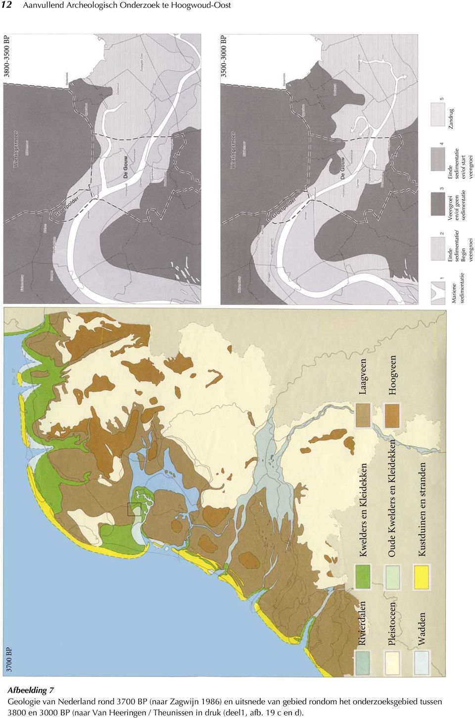 Afbeelding 7 Geologie van Nederland rond 3700 BP (naar Zagwijn 1986) en uitsnede van gebied rondom