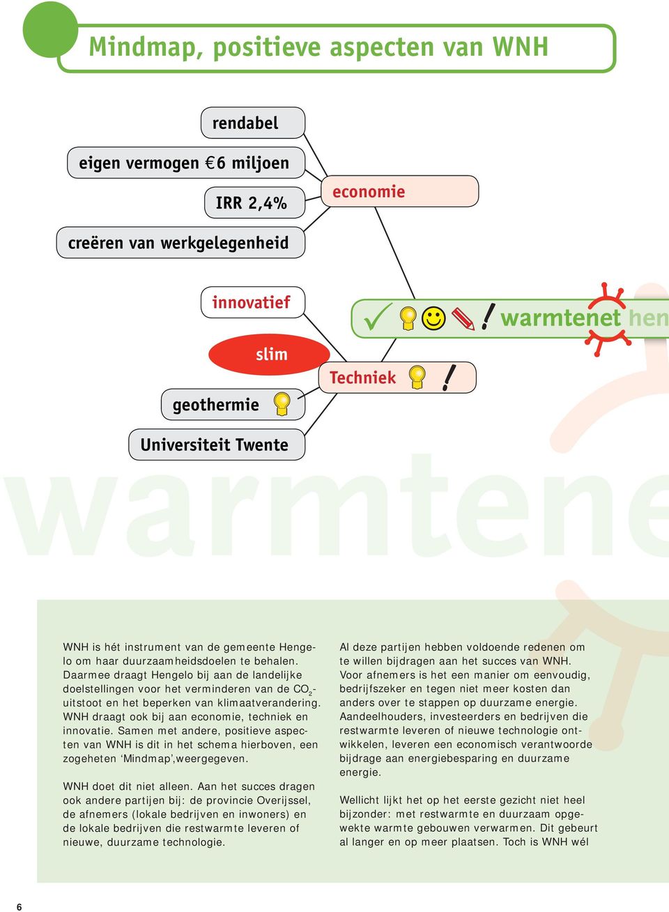 Daarmee draagt Hengelo bij aan de landelijke doelstellingen voor het verminderen van de CO 2 - uitstoot en het beperken van klimaatverandering. WNH draagt ook bij aan economie, techniek en innovatie.