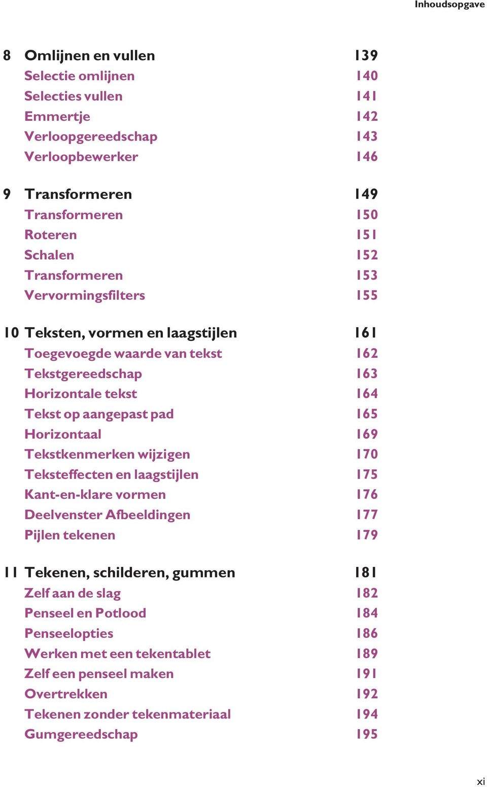 165 Horizontaal 169 Tekstkenmerken wijzigen 170 Teksteffecten en laagstijlen 175 Kant-en-klare vormen 176 Deelvenster Afbeeldingen 177 Pijlen tekenen 179 11 Tekenen, schilderen, gummen 181