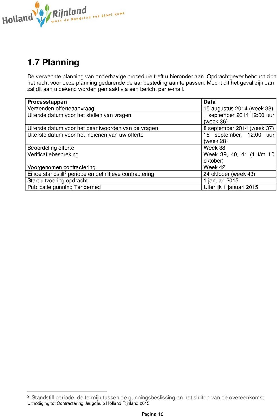 Processtappen Data Verzenden offerteaanvraag 15 augustus 2014 (week 33) Uiterste datum voor het stellen van vragen 1 september 2014 12:00 uur (week 36) Uiterste datum voor het beantwoorden van de