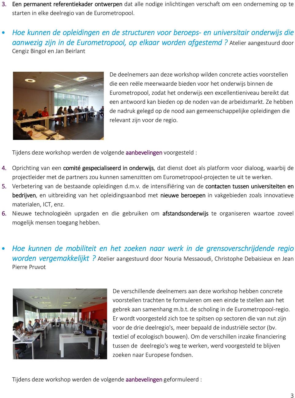 Atelier aangestuurd door Cengiz Bingol en Jan Beirlant De deelnemers aan deze workshop wilden concrete acties voorstellen die een reële meerwaarde bieden voor het onderwijs binnen de Eurometropool,