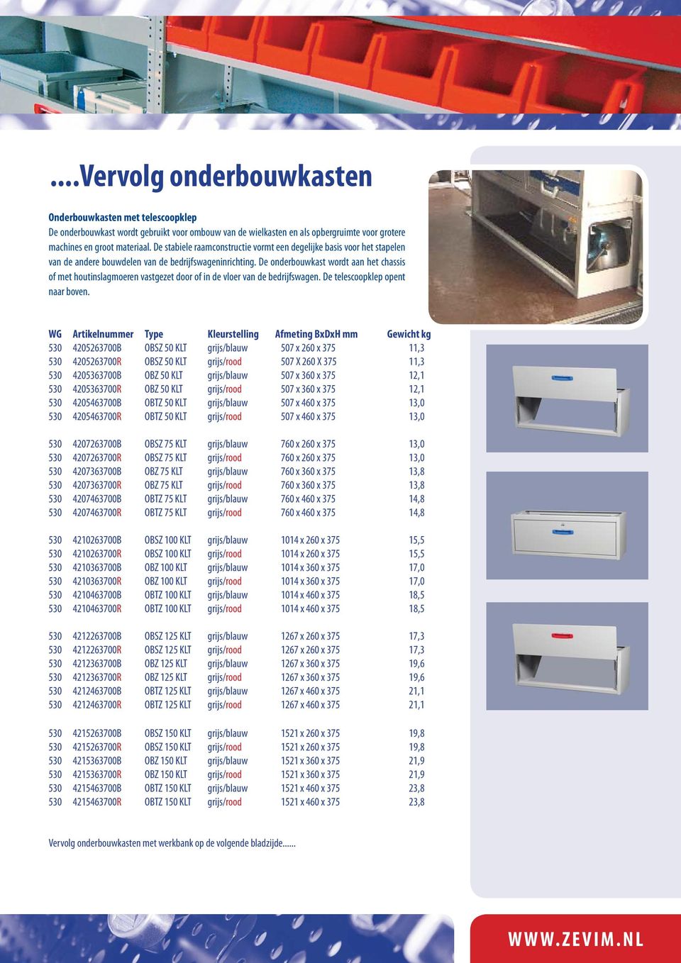 De onderbouwkast wordt aan het chassis of met houtinslagmoeren vastgezet door of in de vloer van de bedrijfswagen. De telescoopklep opent naar boven.