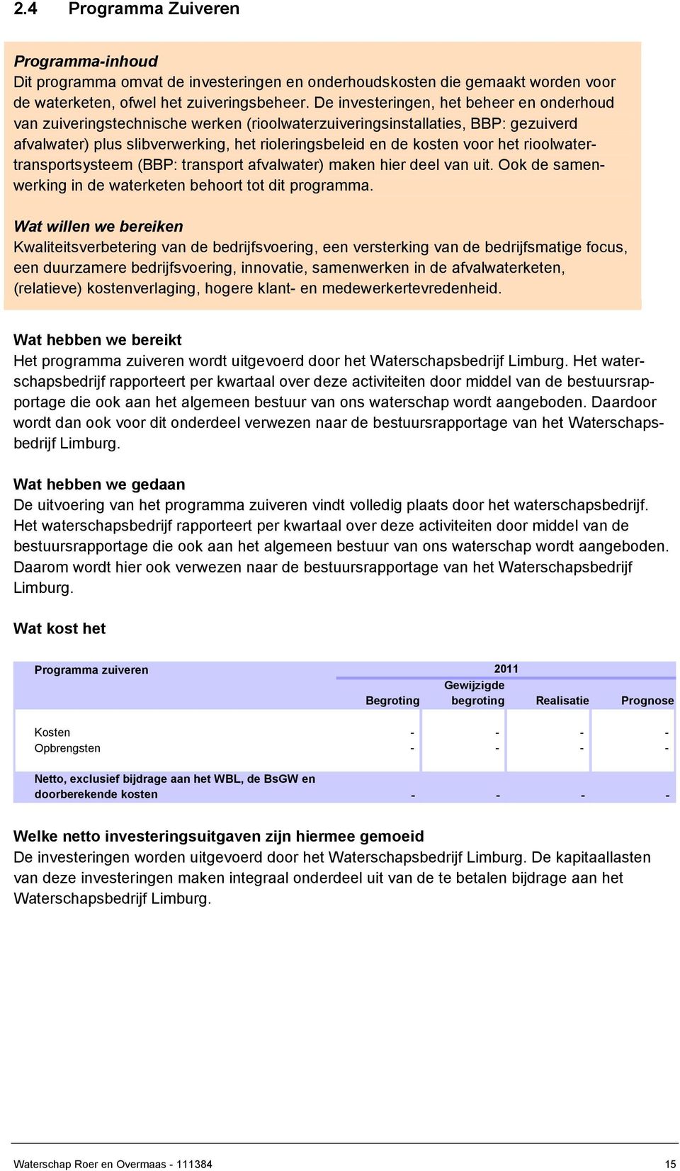 rioolwatertransportsysteem (BBP: transport afvalwater) maken hier deel van uit. Ook de samenwerking in de waterketen behoort tot dit programma.