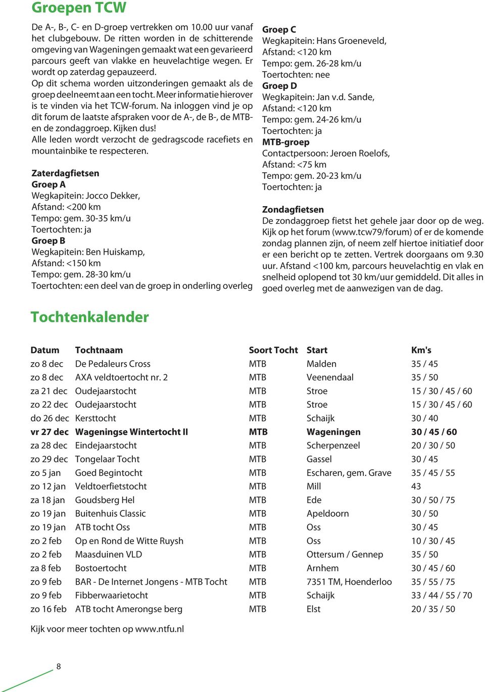 Op dit schema worden uitzonderingen gemaakt als de groep deelneemt aan een tocht. Meer informatie hierover is te vinden via het TCW-forum.