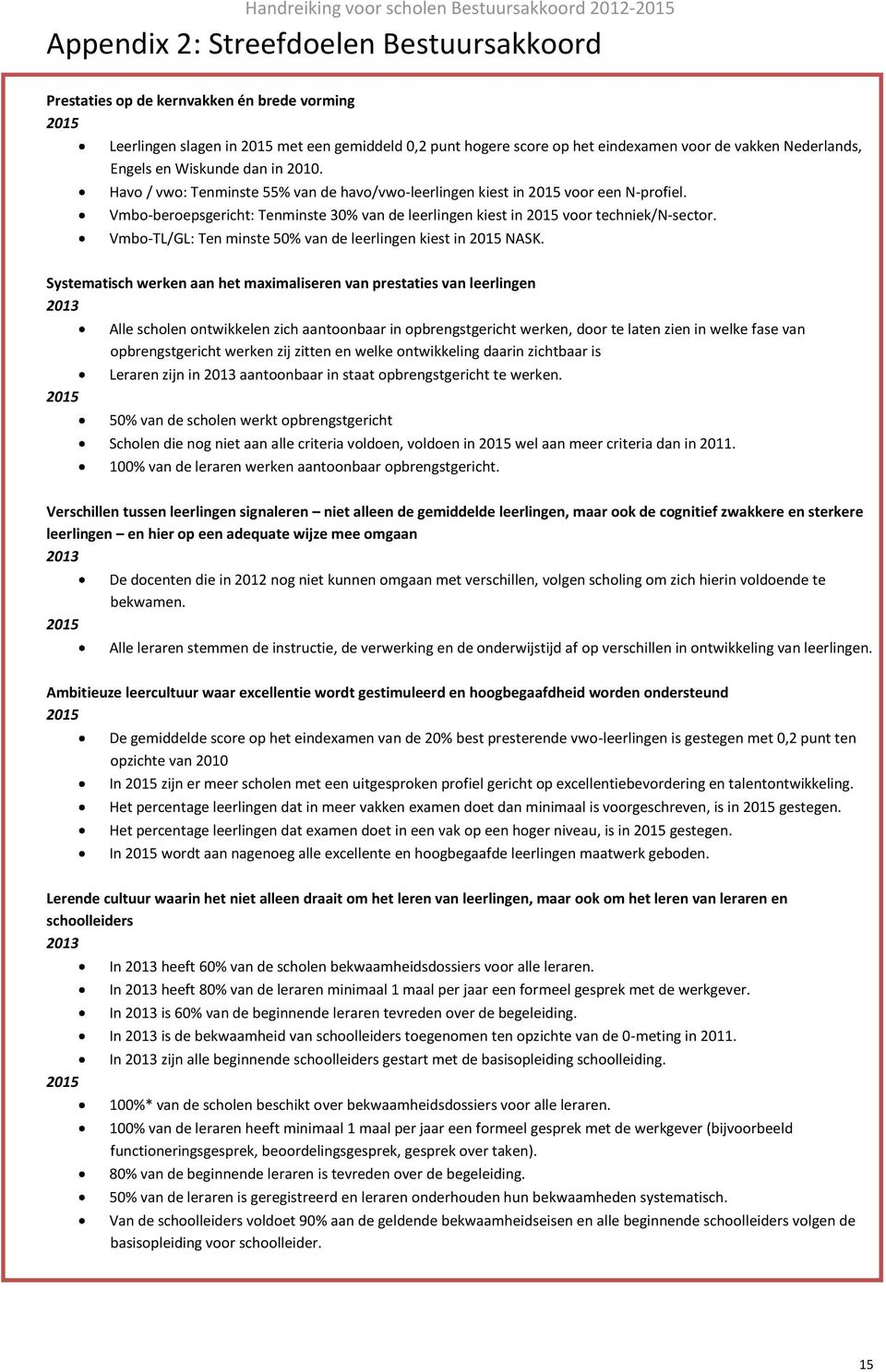 Vmbo-beroepsgericht: Tenminste 30% van de leerlingen kiest in 2015 voor techniek/n-sector. Vmbo-TL/GL: Ten minste 50% van de leerlingen kiest in 2015 NASK.