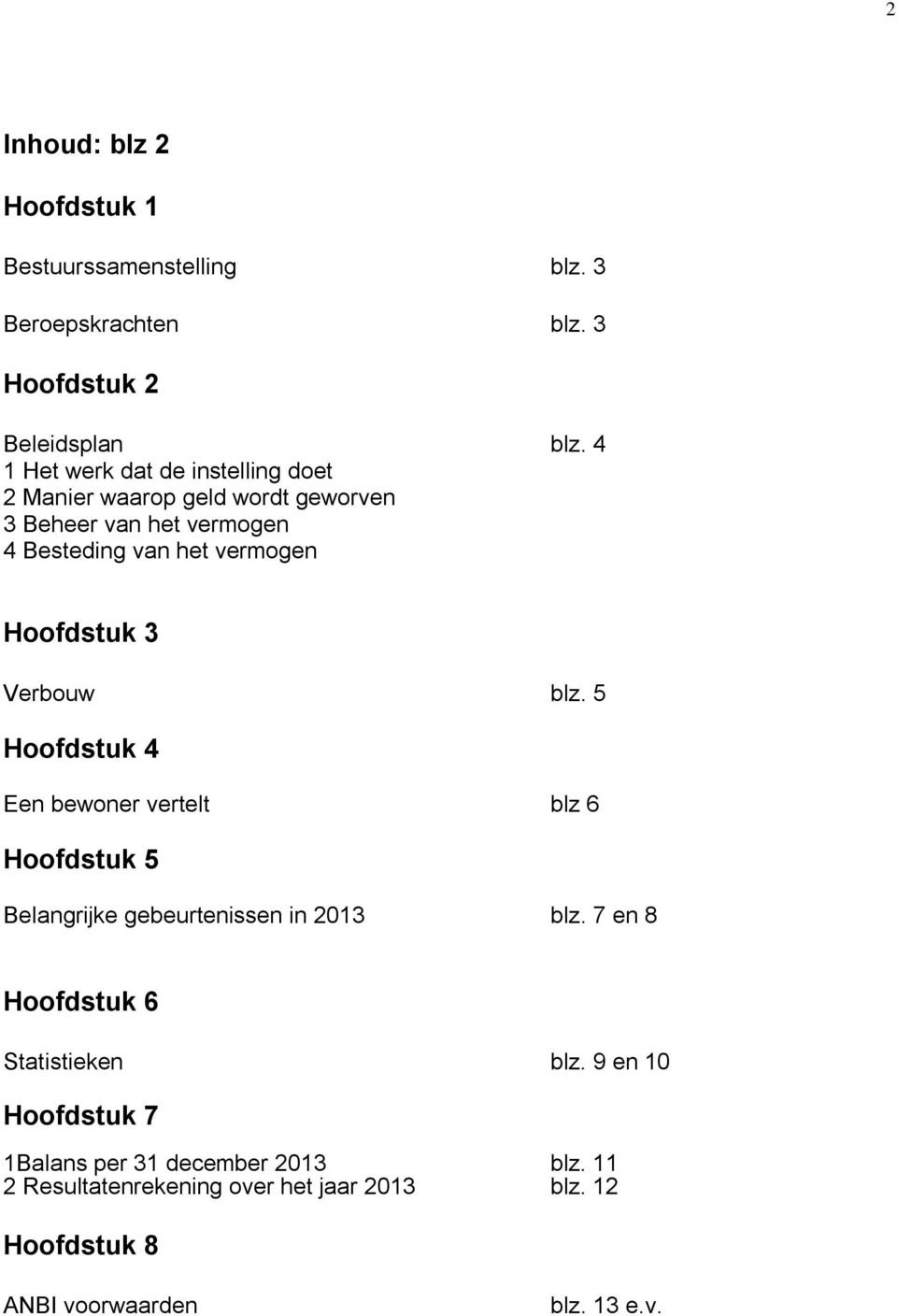 Hoofdstuk 3 Verbouw blz. 5 Hoofdstuk 4 Een bewoner vertelt blz 6 Hoofdstuk 5 Belangrijke gebeurtenissen in 2013 blz.