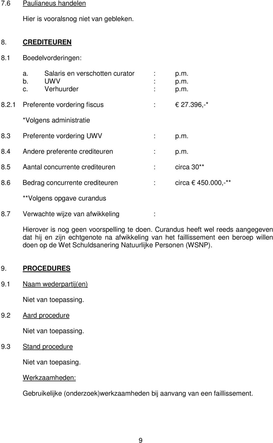 6 Bedrag concurrente crediteuren : circa 450.000,-** **Volgens opgave curandus 8.7 Verwachte wijze van afwikkeling : Hierover is nog geen voorspelling te doen.