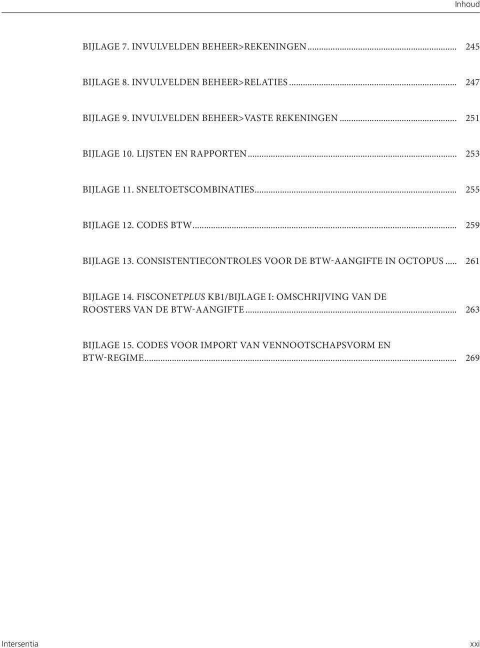 .. 255 BIJLAGE 12. CODES BTW... 259 BIJLAGE 13. CONSISTENTIECONTROLES VOOR DE BTW-AANGIFTE IN OCTOPUS... 261 BIJLAGE 14.