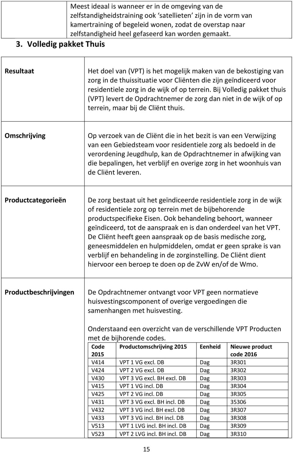 Volledig pakket Thuis Resultaat Het doel van (VPT) is het mogelijk maken van de bekostiging van zorg in de thuissituatie voor Cliënten die zijn geïndiceerd voor residentiele zorg in de wijk of op