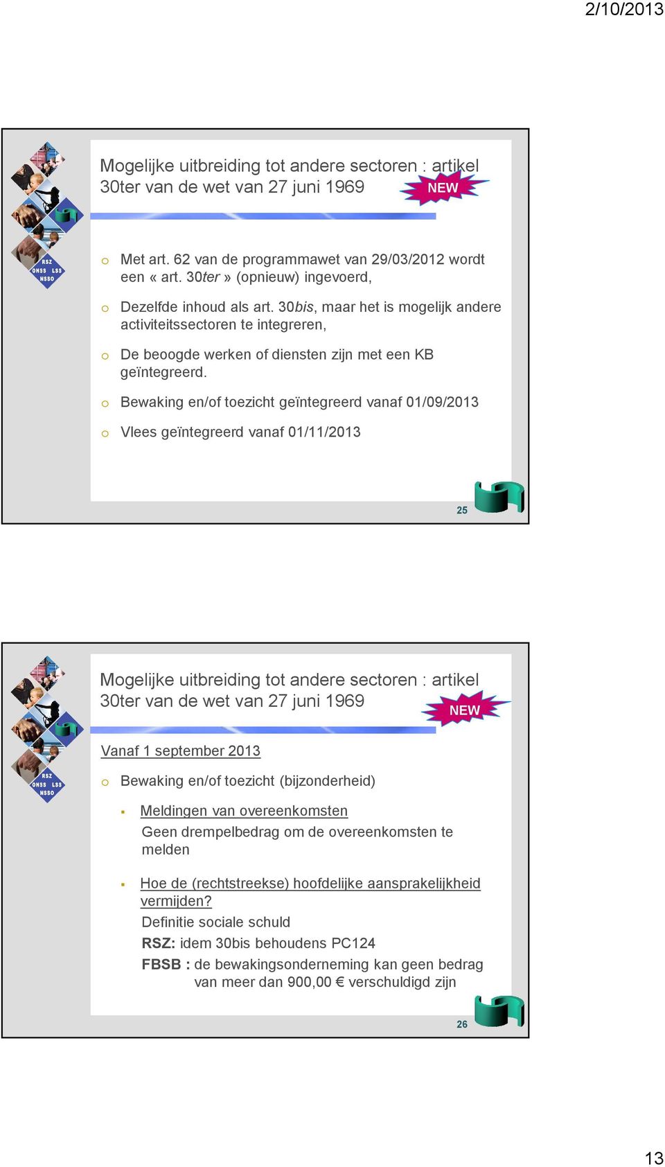 o Bewaking en/of toezicht geïntegreerd vanaf 01/09/2013 o Vlees geïntegreerd vanaf 01/11/2013 25 Mogelijke uitbreiding tot andere sectoren : artikel 30ter van de wet van 27 juni 1969 Vanaf 1