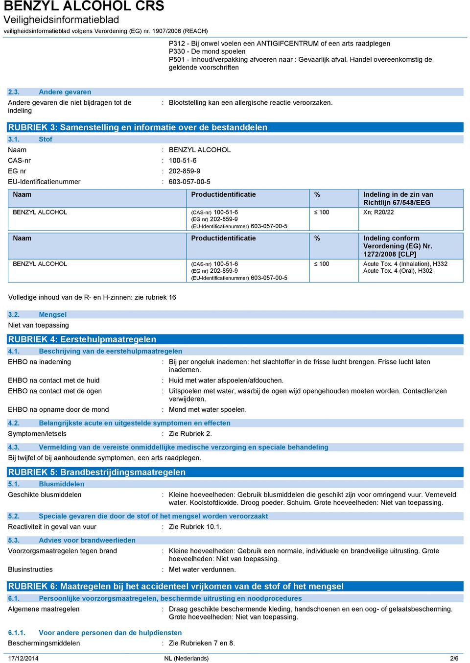 Stof Naam : BENZYL ALCOHOL CAS-nr : 100-51-6 EG nr : 202-859-9 EU-Identificatienummer : 603-057-00-5 Naam Productidentificatie % Indeling in de zin van Richtlijn 67/548/EEG BENZYL ALCOHOL (CAS-nr)