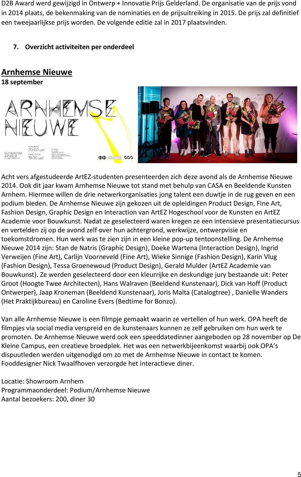 Overzicht activiteiten per onderdeel Arnhemse Nieuwe 18 september Acht vers afgestudeerde ArtEZ-studenten presenteerden zich deze avond als de Arnhemse Nieuwe 2014.