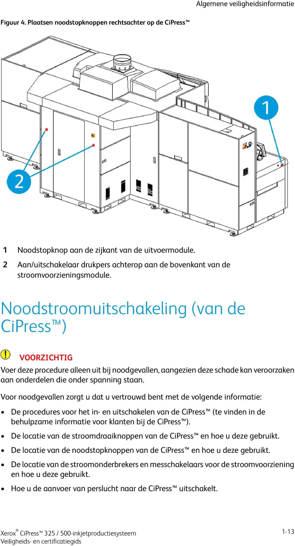 Noodstroomuitschakeling (van de CiPress ) Voer deze procedure alleen uit bij noodgevallen, aangezien deze schade kan veroorzaken aan onderdelen die onder spanning staan.