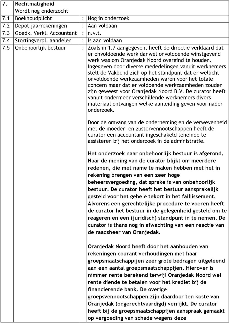 7 aangegeven, heeft de directie verklaard dat er onvoldoende werk danwel onvoldoende winstgevend werk was om Oranjedak Noord overeind te houden.