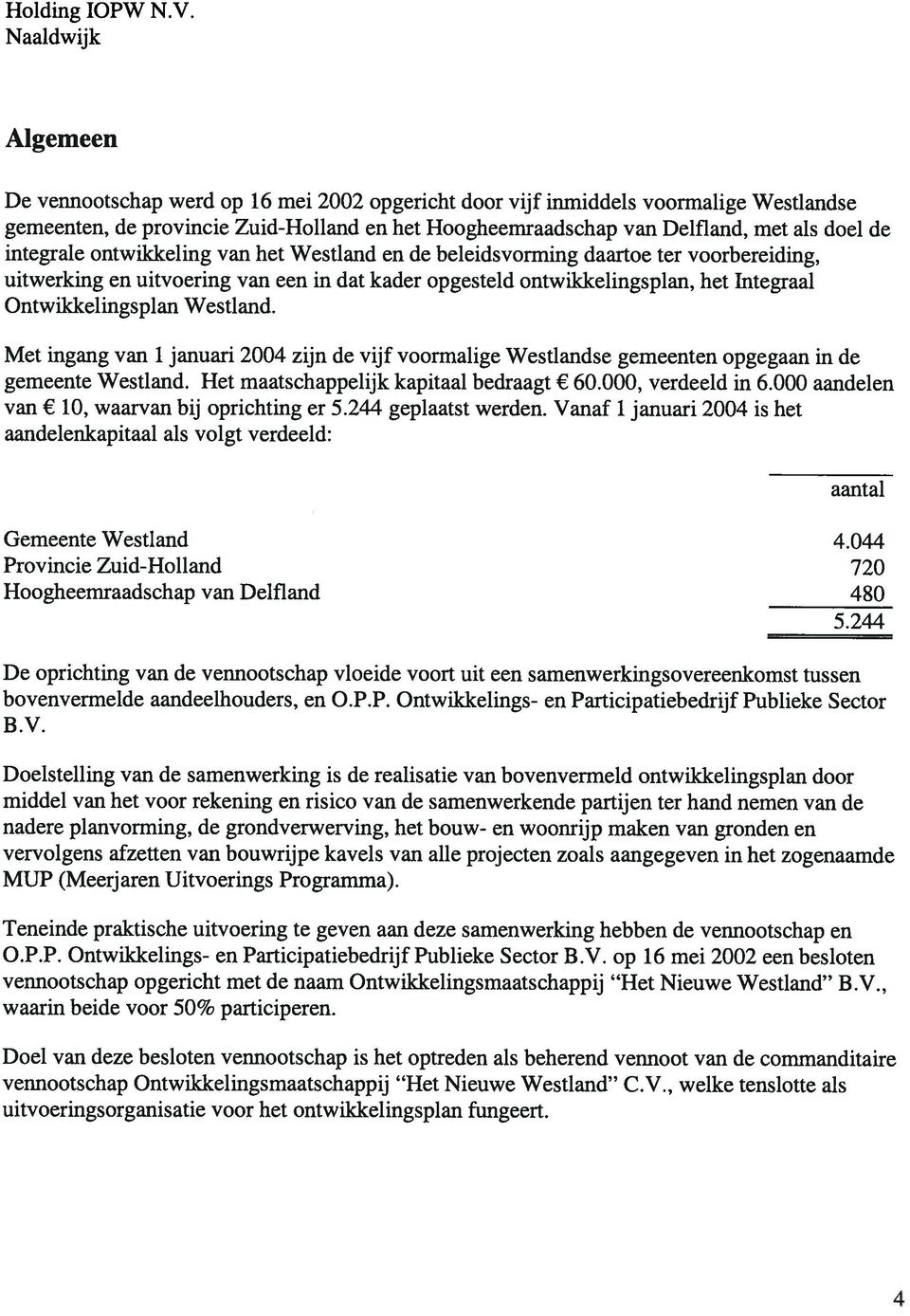 Met ingang van 1 januari 2004 zijn de vijf voormalige Westlandse gemeenten opgegaan in de gemeente Westland. Het maatschappelijk kapitaal bedraagt 60.000, verdeeld in 6.