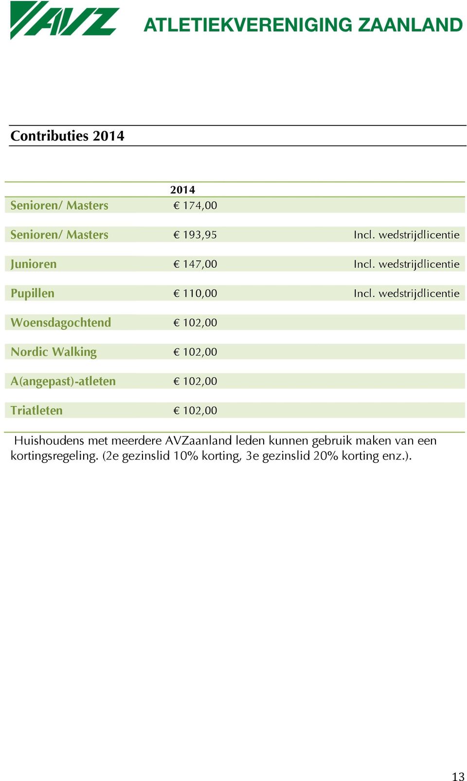 wedstrijdlicentie Woensdagochtend 102,00 Nordic Walking 102,00 A(angepast)-atleten 102,00 Triatleten