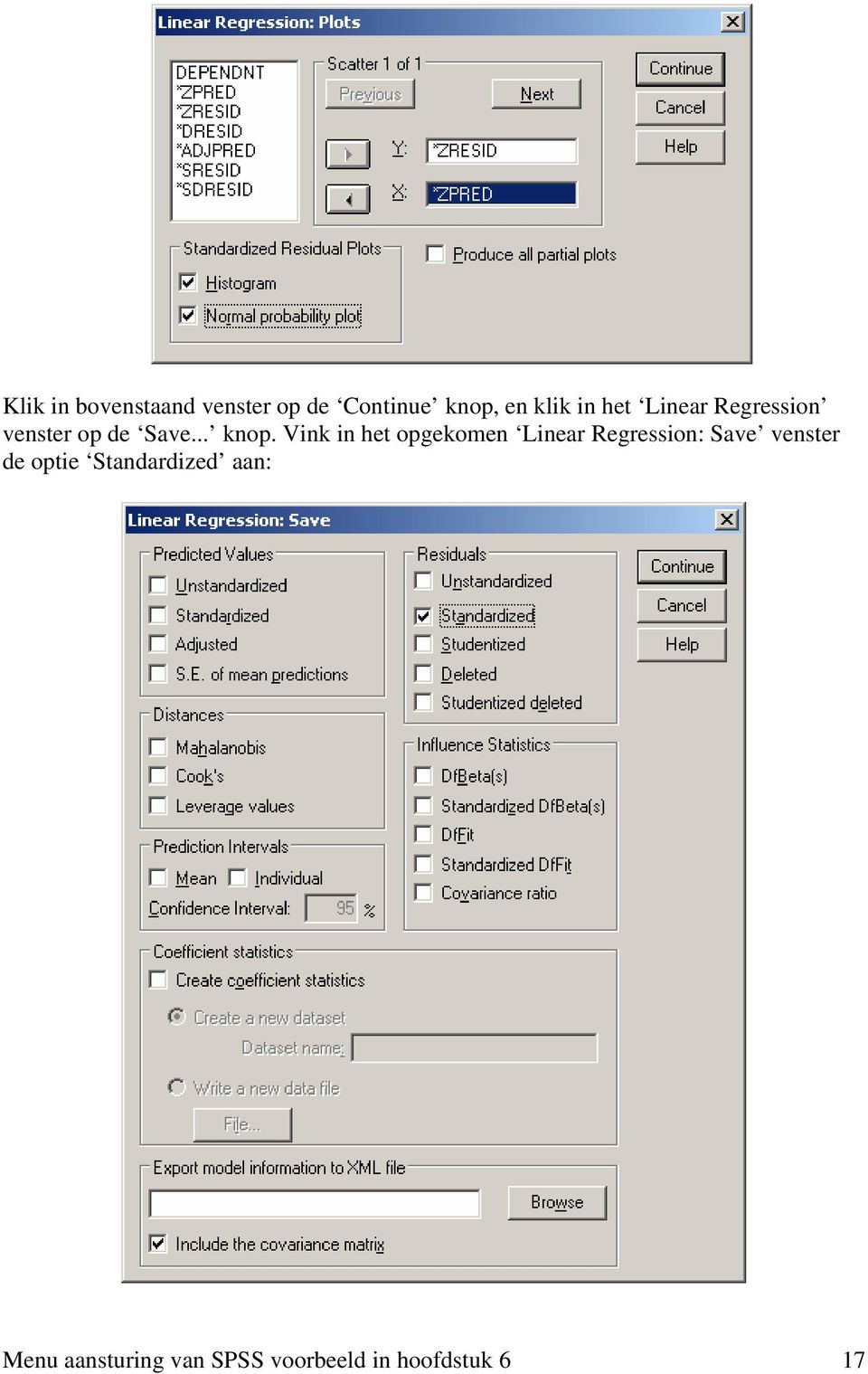 Vink in het opgekomen Linear Regression: Save venster de