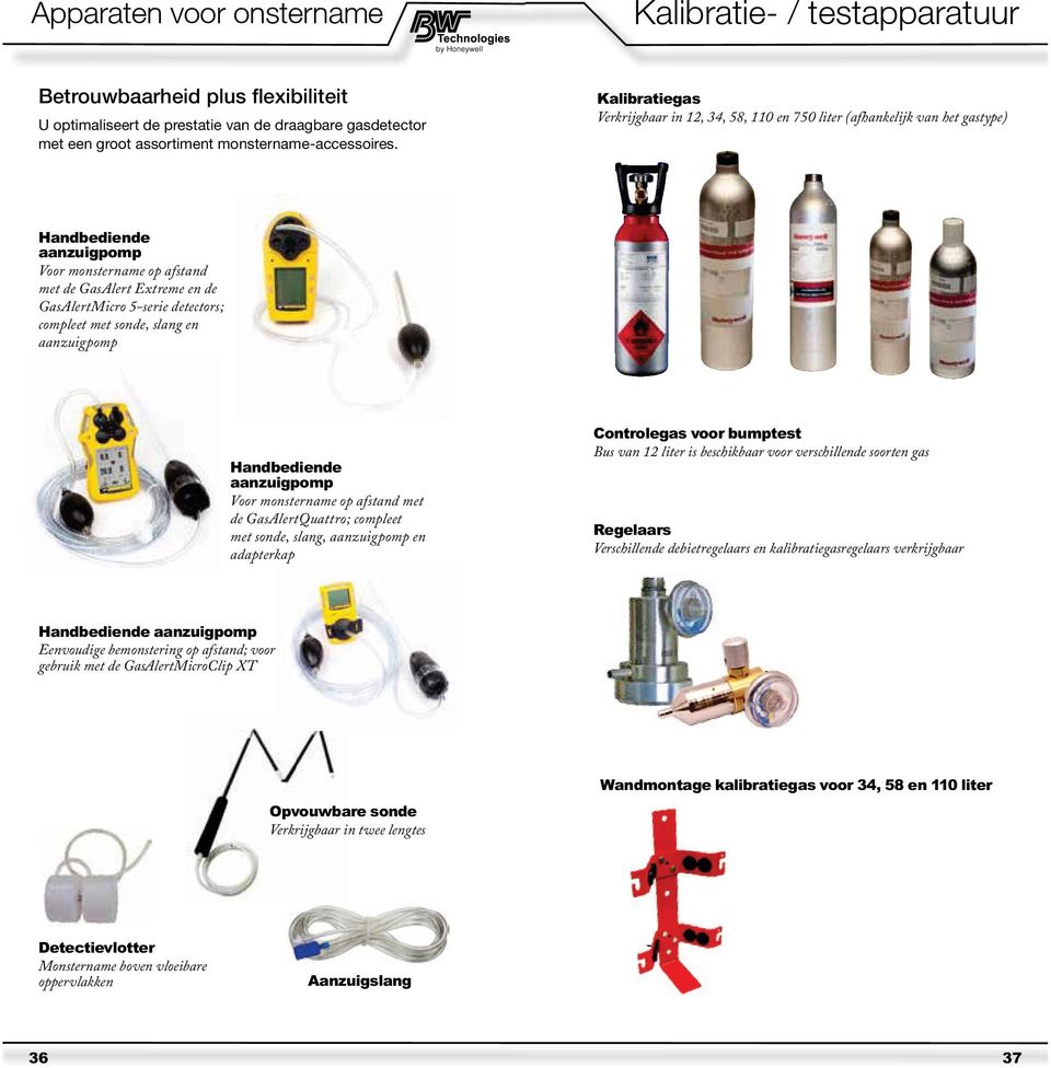 detectors; compleet met sonde, slang en aanzuigpomp Handbediende aanzuigpomp Voor monstername op afstand met de GasAlertQuattro; compleet met sonde, slang, aanzuigpomp en adapterkap Controlegas voor