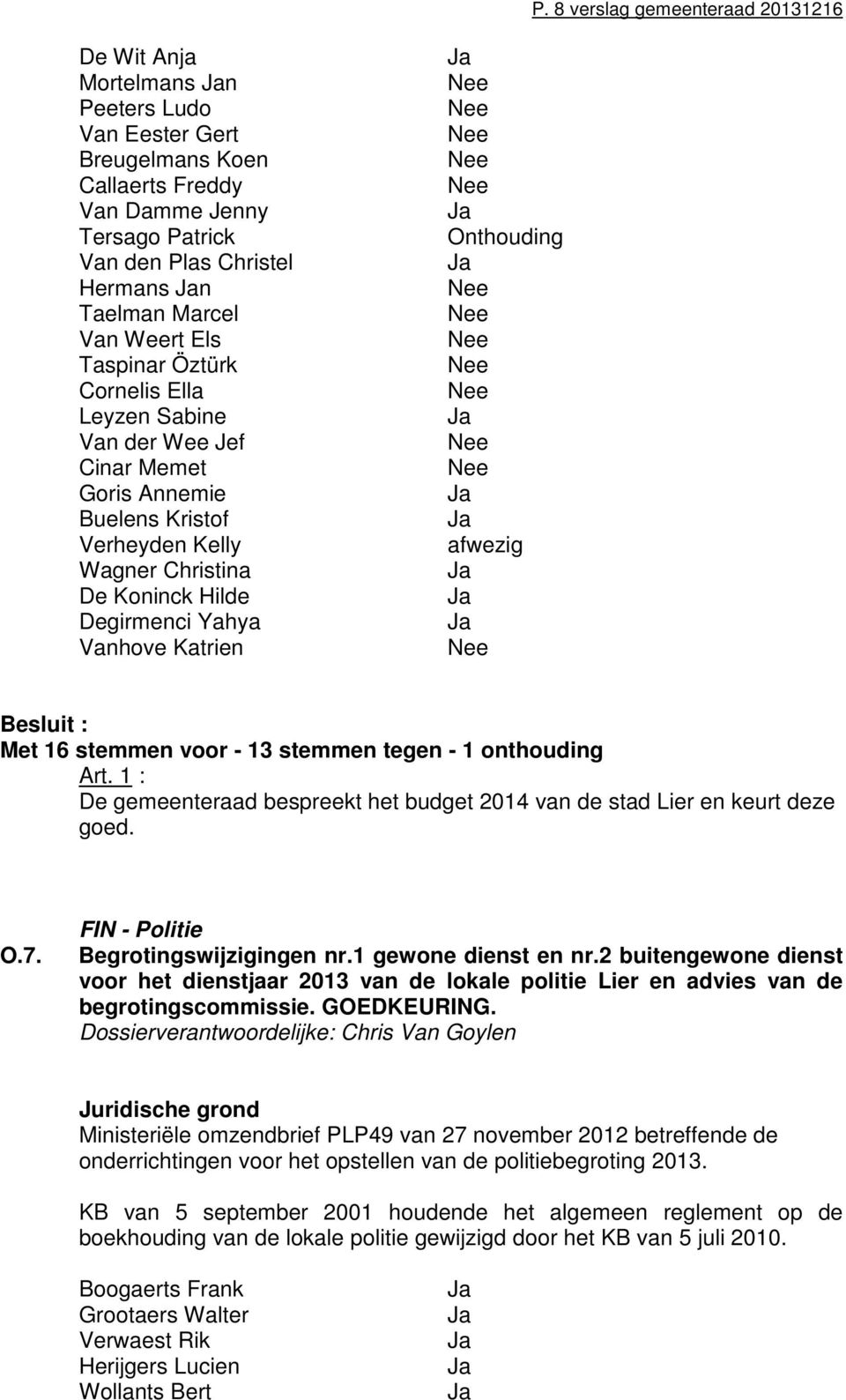 Katrien afwezig Besluit : Met 16 stemmen voor - 13 stemmen tegen - 1 onthouding Art. 1 : De gemeenteraad bespreekt het budget 2014 van de stad Lier en keurt deze goed. O.7.