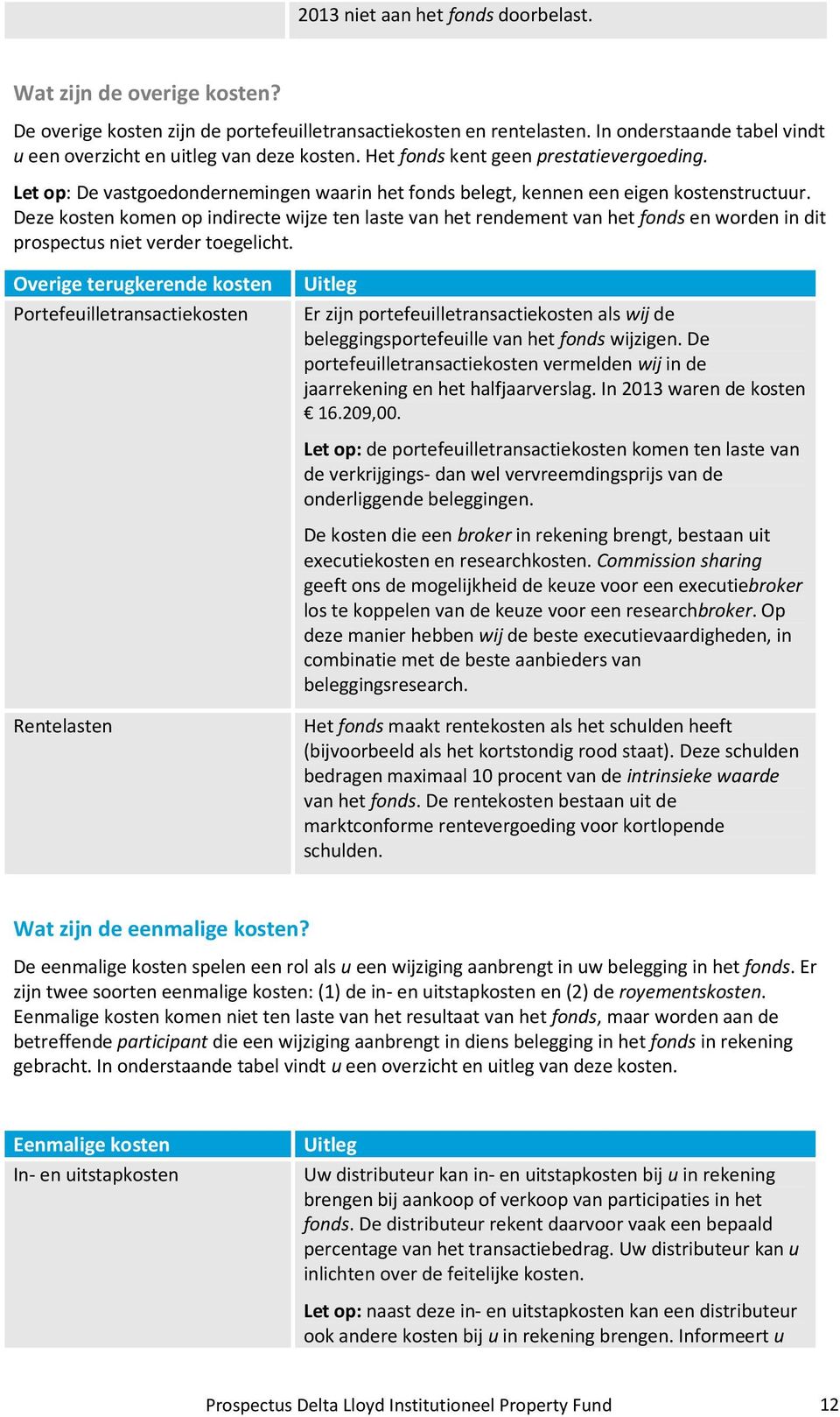 Let op: De vastgoedondernemingen waarin het fonds belegt, kennen een eigen kostenstructuur.