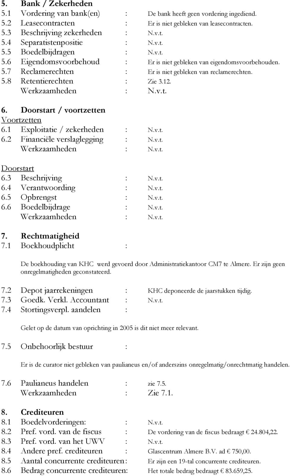 6. Doorstart / voortzetten Voortzetten 6.1 Exploitatie / zekerheden : N.v.t. 6.2 Financiële verslaglegging : N.v.t. Doorstart 6.3 Beschrijving : N.v.t. 6.4 Verantwoording : N.v.t. 6.5 Opbrengst : N.v.t. 6.6 Boedelbijdrage : N.